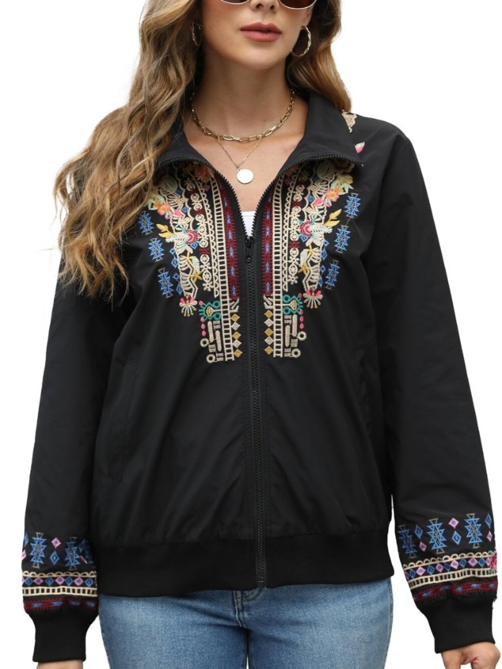 Boho Embroidered Bomber Jacket Women Fashion Floral Windbreaker Mexican